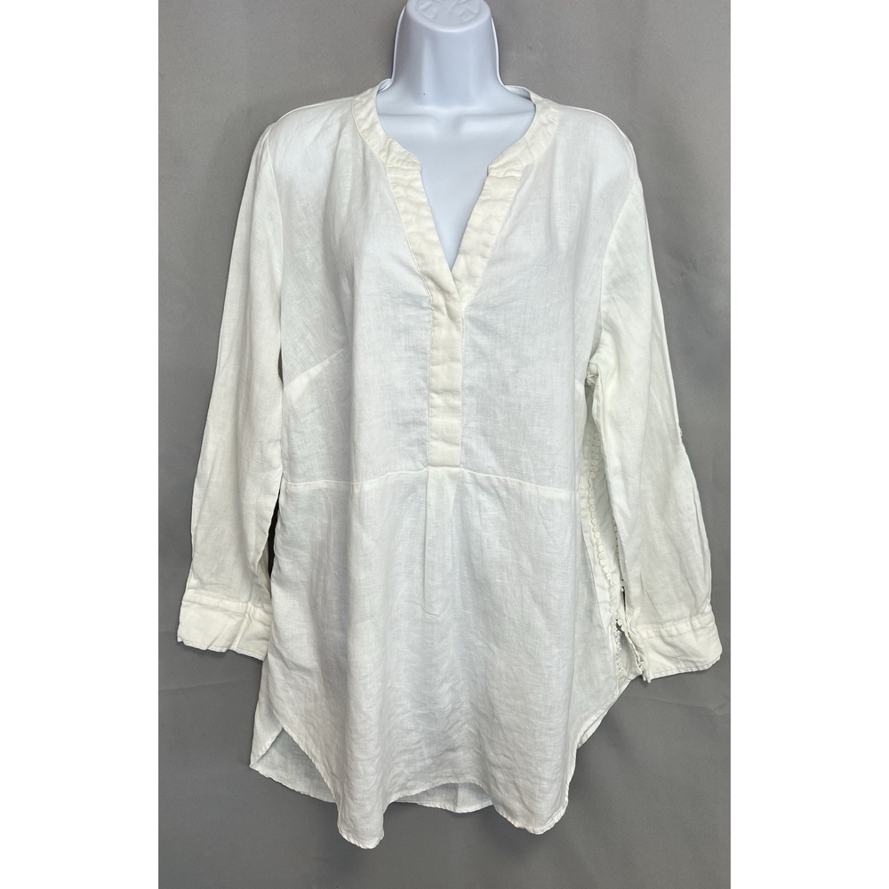 CROWN & IVY 100% Linen Womens White Classic Tunic Embroidery Trim Sides Sz 1X